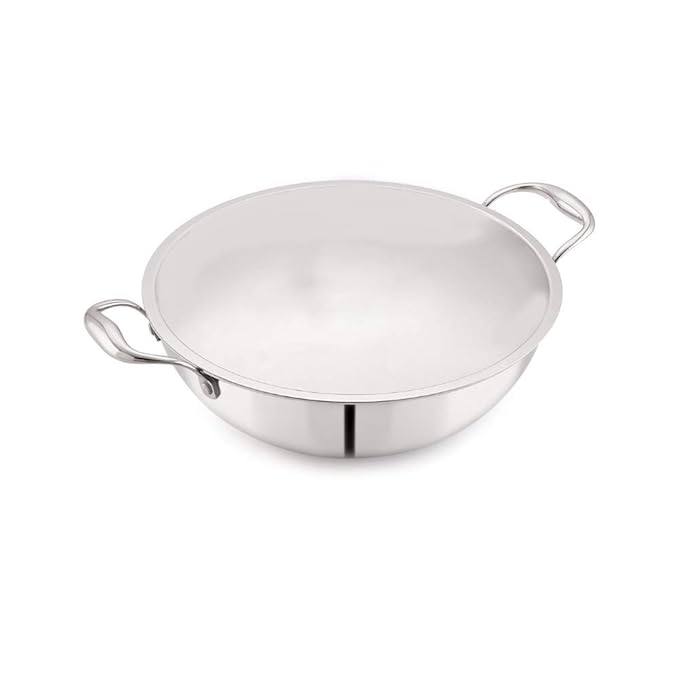 Femora Stainless Steel Tri-ply Healthy Cooking Induction Safe, Stain Resistant, Zero Coating Deep Frying Kadhai Pan | Silver | 2 Litres | 22cm