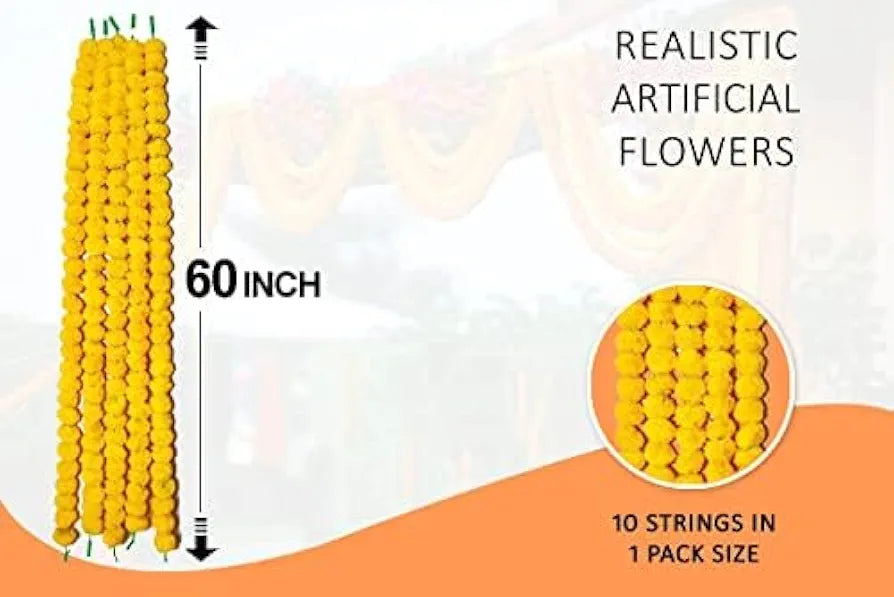 Plastic Artificial Marigold Flowers for Decoration Garland 5 Feet Long yellow-50 pcs(5pkt)