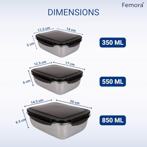 Femora High Stainless Steel Rectangular Container, Leakproof Airtight Lid | 350 Ml, 550 Ml, 850 Ml | Pack of 3 | Silver