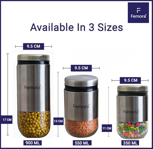Femora Kitchen Storage Jars Steel Body With See Through Bottom Jar | 900 Ml | Pack of 4