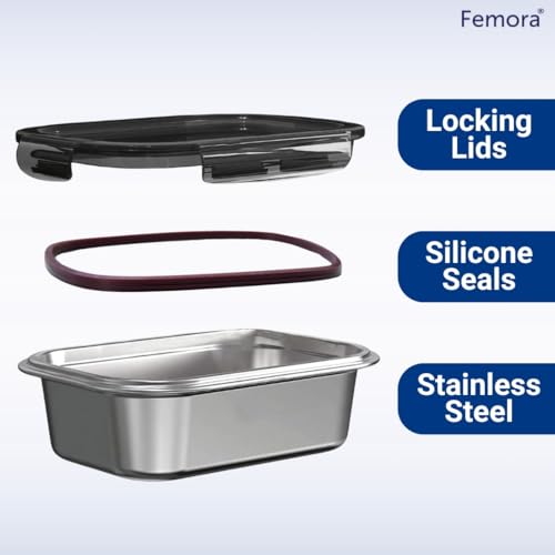 Femora High Stainless Steel Rectangular Container, Leakproof Airtight Lid | 350 Ml, 550 Ml, 850 Ml | Pack of 3 | Silver