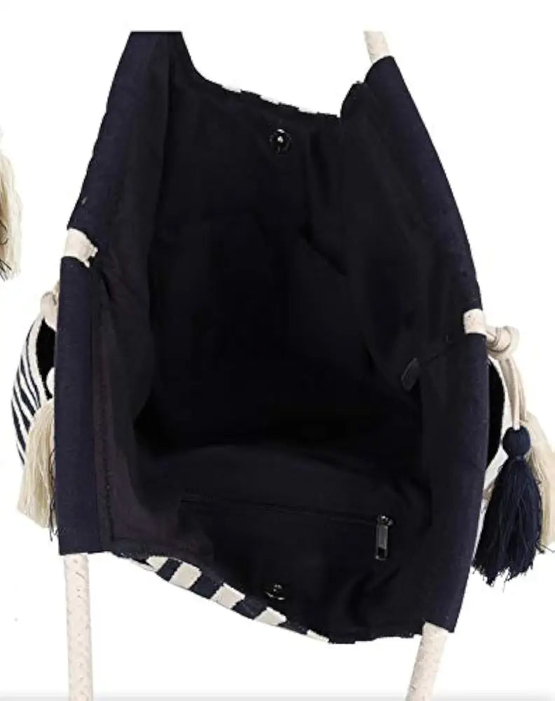 Astrid Handmade Macrame Flap Over Sling Bag For Girls And Women Colour Contrast Black Bluish Stripes