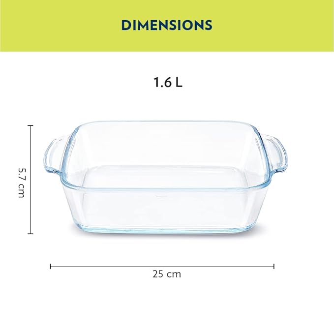 Borosil Glass Baking Dish | 1.6 Litres | Transparent | 1 Piece Square Dish With Handle