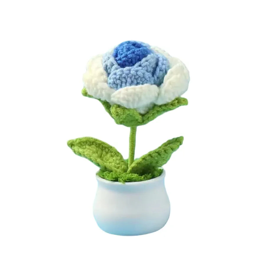Handmade Crochet Flower Pot Blue Rose Shaded 1 PC Artificial Flower Knitted Flower