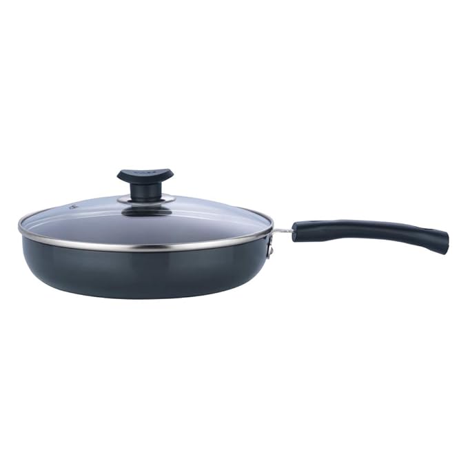 Vinod Black Pearl Plus Hard Anodised Deep Frypan with Glass Lid - 24 cm, 3.25 mm Thickness/Riveted Handle