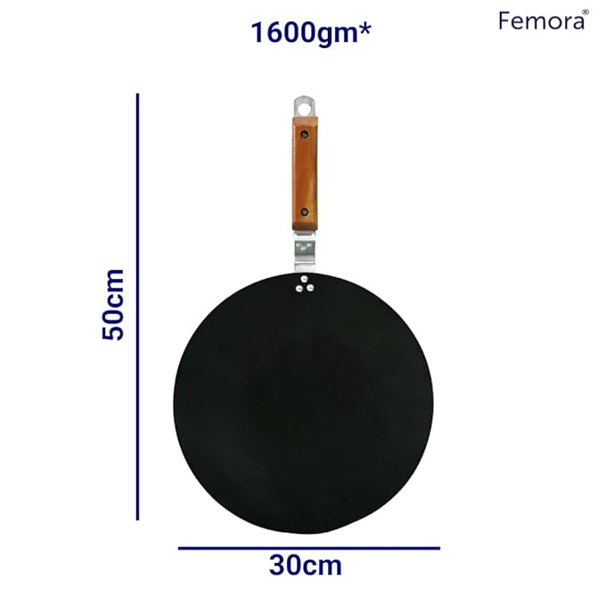 Femora Iron Concave Tawa 12 Inch | 30 Cm | Tava for Roti With Strong Wooden Handle Black | Gas Stovetop Compatible