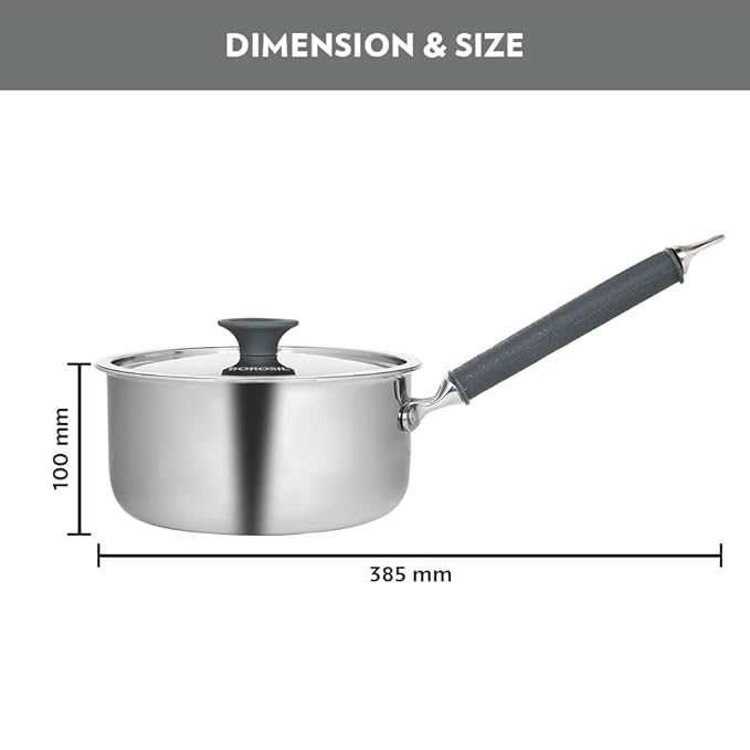Borosil Cookfresh Tri-ply Stainless Steel Sauce Pan With Lid | Induction Friendly Tea Pan | 2.2 L | 18 Cm