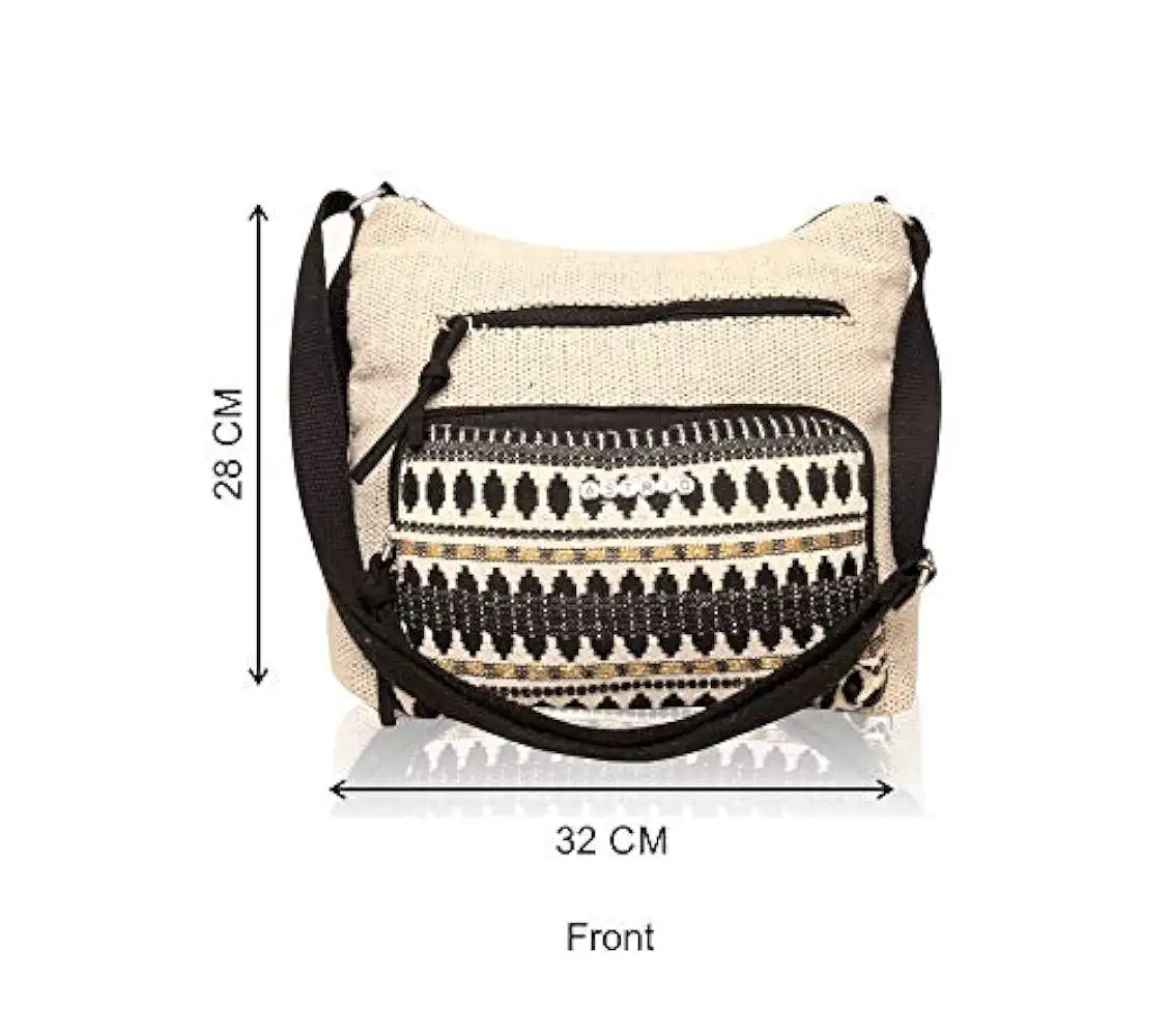 Astrid Handmade Macrame Flap Over Sling Bag For Girls And Women Colour White & Black