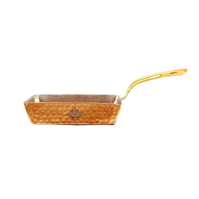 Indian Art Villa Copper Serving Square Pan with Inside Tin Lining & Brass Handle Diameter | 5.6 Inches