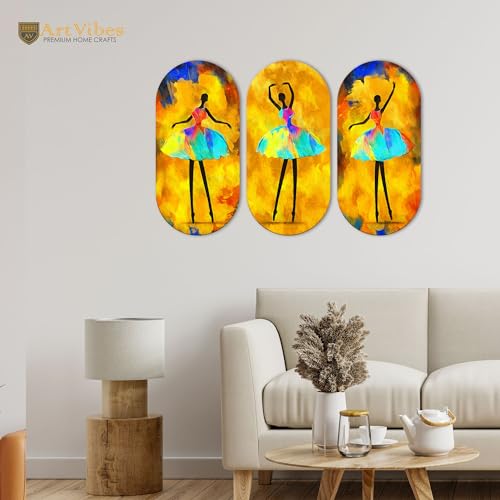 Artvibes Ballerina Dancing Abstract Art Wooden Wall Hanger for Home | Set of 3