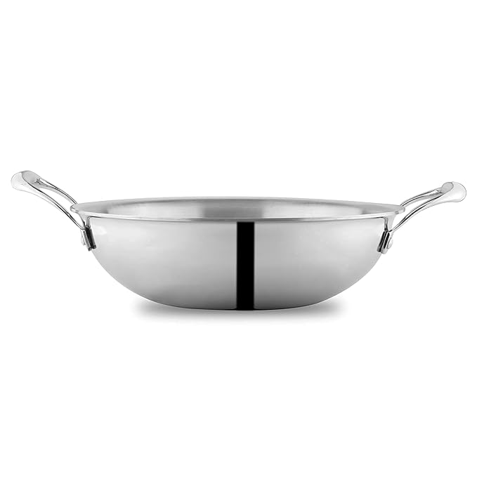 Attil Triply Stainless Steel Kadai With Induction Base Heavy Duty Kadhai for Kitchen | Kadai, 22cm - 2 Litres