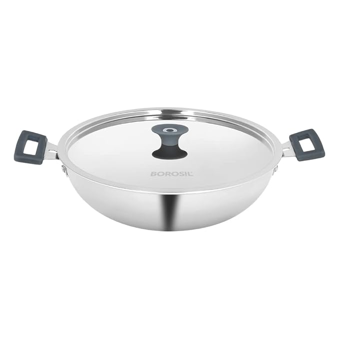 Borosil Cookfresh Tri-ply Stainless Steel Kadhai With Lid | Induction Friendly | 4 Litres | 28 Cm