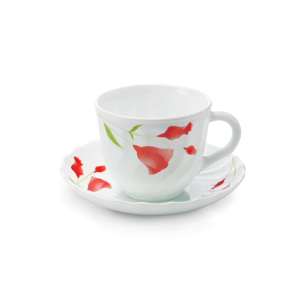 Larah by Borosil Glass Diana Cup and Saucer Set | Set of 6 |12-piece | 220ml | White