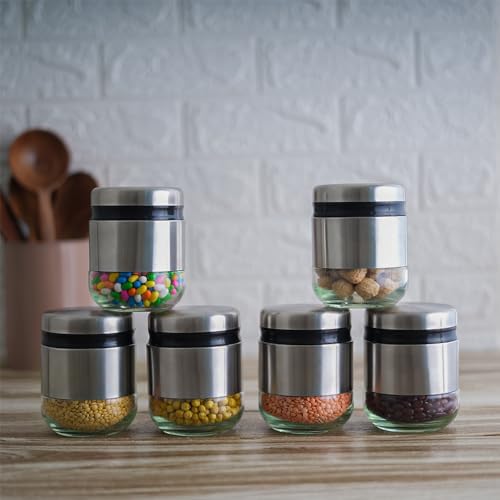 Femora Kitchen Storage Jars Steel Body With See Through Bottom Jar | 350 Ml | Pack of 6