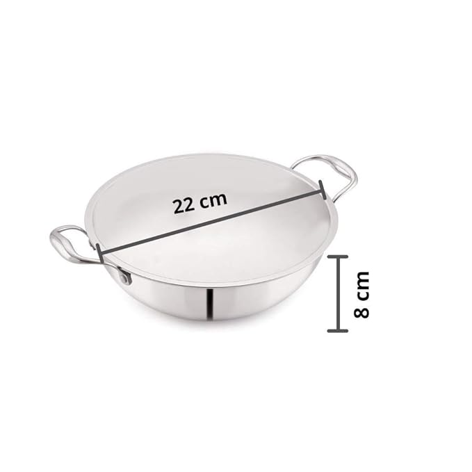 Femora Stainless Steel Tri-ply Healthy Cooking Induction Safe, Stain Resistant, Zero Coating Deep Frying Kadhai Pan | Silver | 2 Litres | 22cm