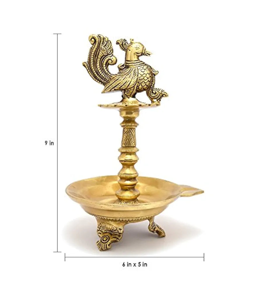 Two Moustaches 9 Inches Brass Peacock Design Oil Diya with Base