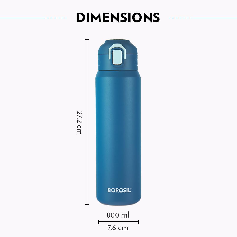 Borosil Aquasport 800 Ml Stainless Steel Insulated Water Bottle | Double Wall Vaccum Insulated, Flask | 10 Hours Hot & Cold | Blue