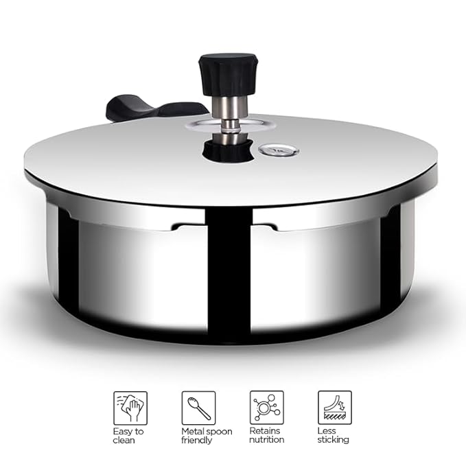 Arttdinox Stellar Stainless Steel 2 Ltr Mirror Finish Pressure Cooker Lid With Gasket | Rivetless Handle | Jindal Stainless