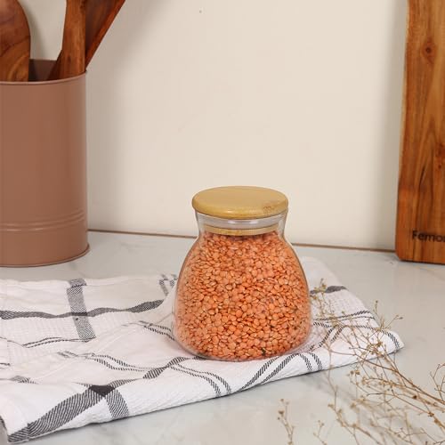 Femora Kitchen Storage Jars Borosilicate Glass With Wooden Lid Air Tight Jar | 450 Ml | Pack of 1