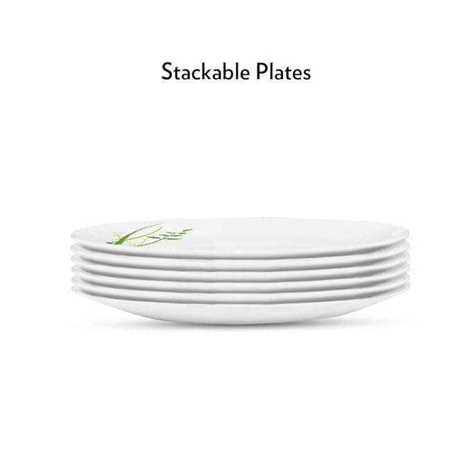 Larah by Borosil Green Herbs, Opalware Full Plate | 11 Inch |white | Set of 6