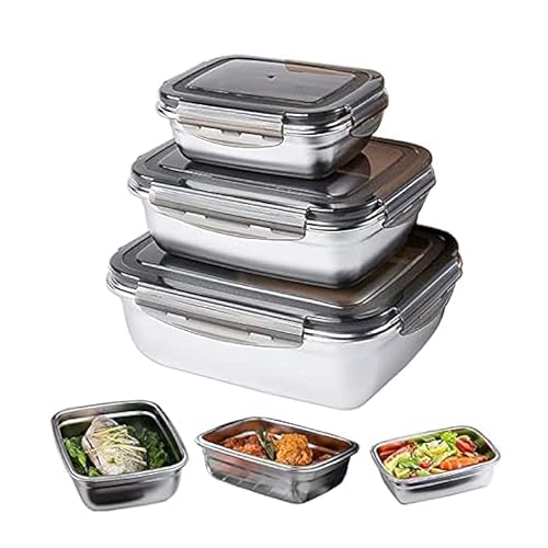 Femora High Stainless Steel Rectangular Container, Leakproof Airtight Lid | 350 Ml, 550 Ml, 850 Ml | Pack of 3 | Silver