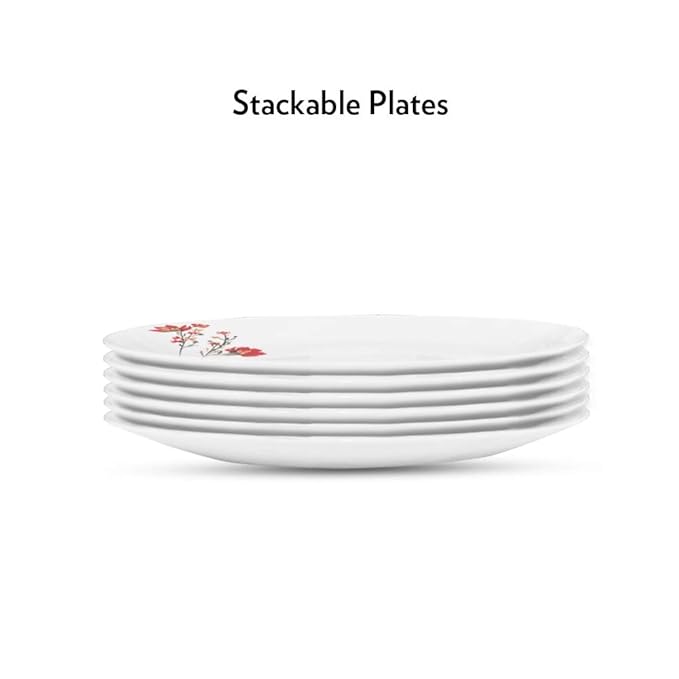 Larah by Borosil Opalware Full Plate | 11 Inch | Set of 6 | Red & White