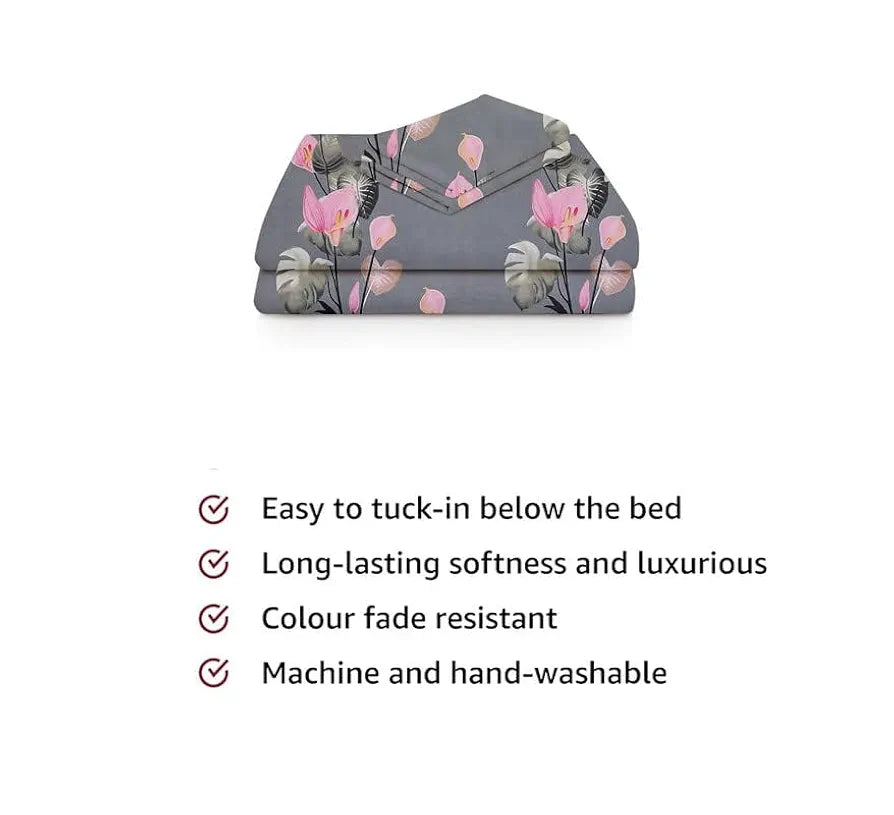 BSB HOME 220 Tc Premium Forever Modern Style Glace Cotton Floral 1 Single Size Bed Bedsheet and 1 Pillow Cover-Grey & Pink Flower