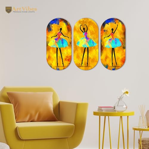 Artvibes Ballerina Dancing Abstract Art Wooden Wall Hanger for Home | Set of 3