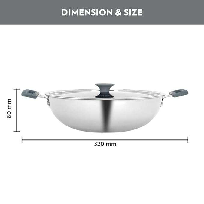 Borosil Cookfresh Tri-ply Stainless Steel Kadhai With Lid | Induction Friendly | 1.5 Litres | 20 Cm