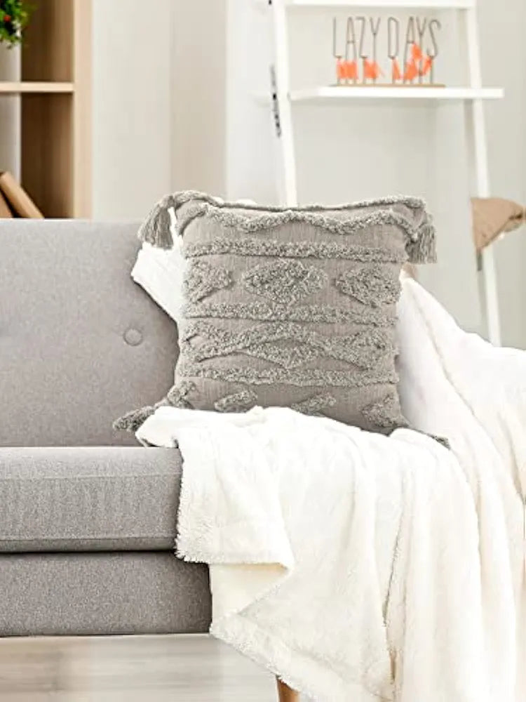 Sashaa World Tasselled And Tufted Cushion Cover Colour Grey