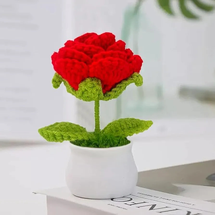 Handmade Crochet Flower Pot Rose and Tulip Artificial Flower Knitted Flower