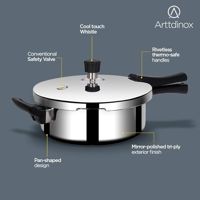 Arttdinox Stellar Stainless Steel 2 Ltr Mirror Finish Pressure Cooker Lid With Gasket | Rivetless Handle | Jindal Stainless