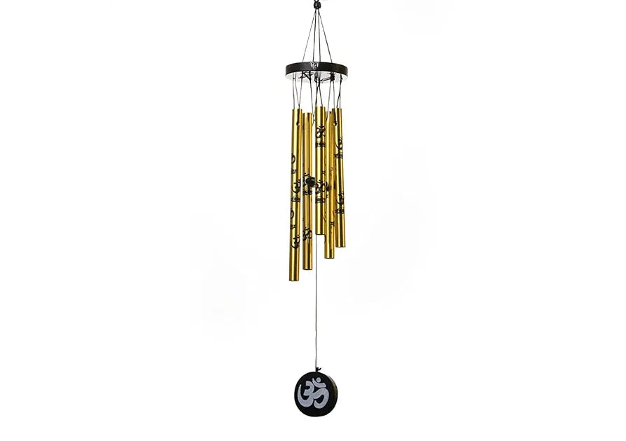 Tej Gifts Feng Shui Metal Wind Chime with Om Printed 5 Pipes Golden Medium