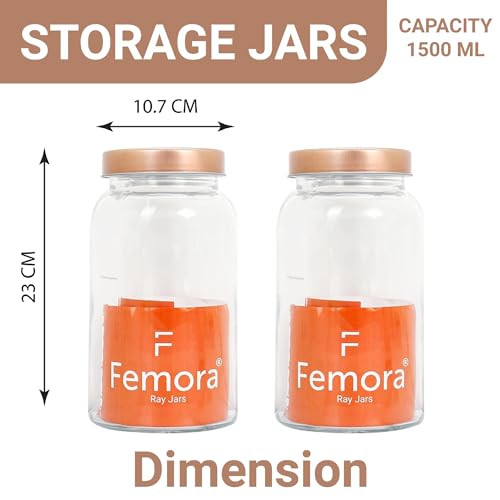 Femora Kitchen Storage Jars Clear Glass Jar With Steel Lid Air Tight Jar | 1000 Ml | Pack of 2 | Golden Lid