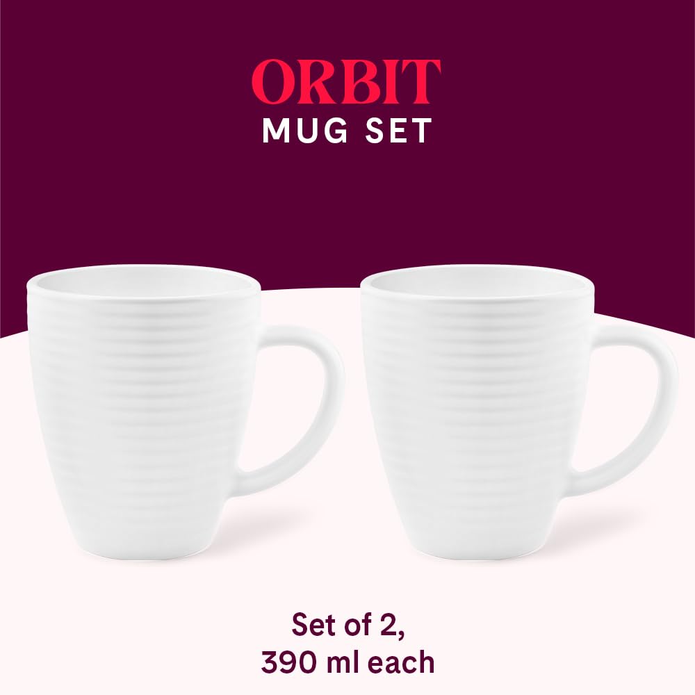 Larah by Borosil 2 Pcs Tea/coffee Orbit White Opalware Mug | 390 Ml Each