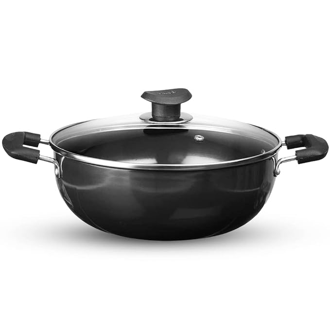 Vinod Black Pearl Plus Hard Anodised Deep Kadhai with Lid - 3.1 Litre, 24 cm | 3.25mm Thick | Natural Stick Free Kadai