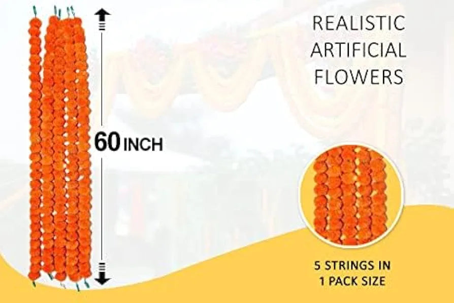 Artificial Marigold Flowers for Decoration Garland 5 Feet Long 5 Pcs orange-50pcs(5pkt)
