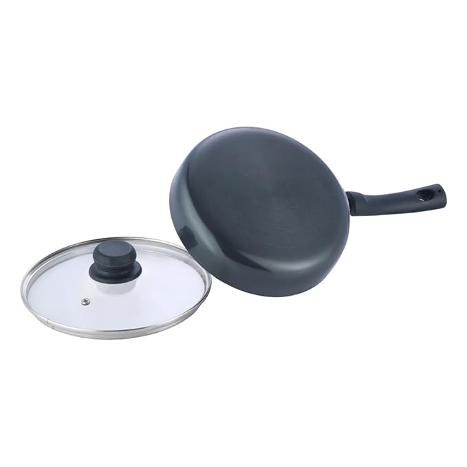 Vinod Black Pearl Hard Anodised Deep Frypan with Glass Lid - 1.8 Litres |  22cm | 3.25mm Thick | Skillet Pan