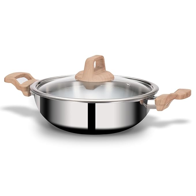 Arttdinox Timber Triply Stainless Steel Kadai | Steel Kadai for Cooking | Triply Kadai With Lid | 22cm | 2.1ltrs | Silver