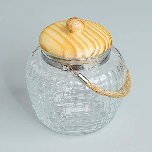 Femora Kitchen Storage Jars Embossed Glass Jar With Wooden Lid & Jute Chain Air Tight Jar | 1500 Ml | Pack of 2