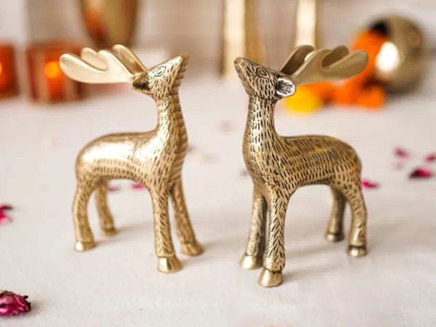 BEHOMA Antique Golden Aluminium Christmas Reindeer Figurine Statue 2 Pcs | Reindeer Showpiece for Tabletop, Bookshelf, Desktop, Cabinets, Valentine's Day 