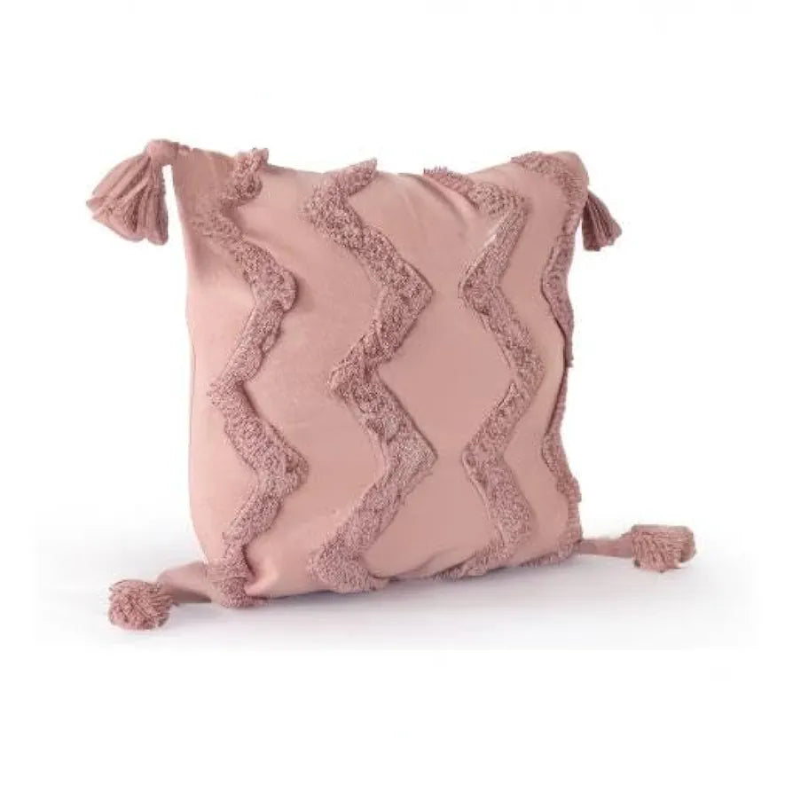 Sashaa World Salmon Pink Chevron Tufted Cushion Cover With Tassels
