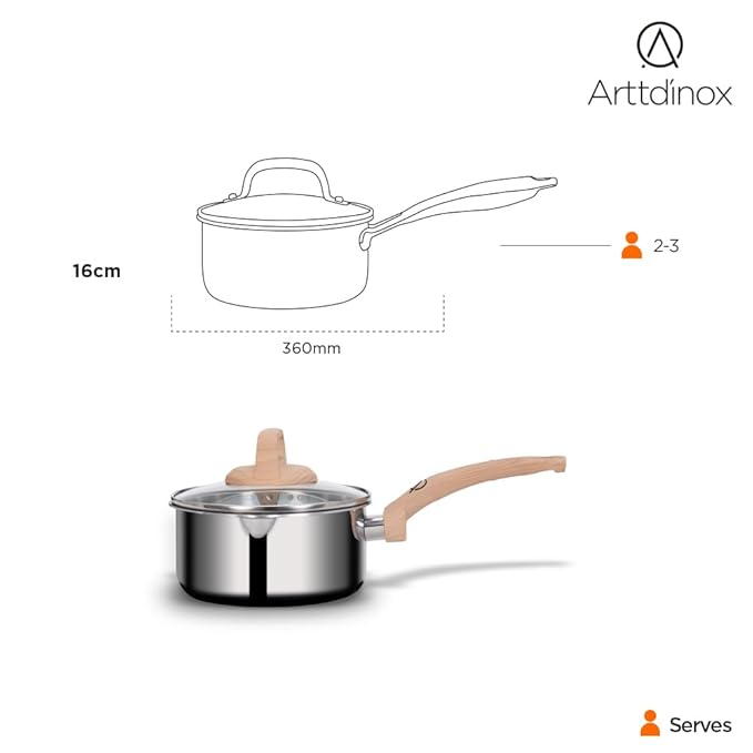 Arttdinox Timber Stainless Steel Triply Saucepan With Glass Lid | Milk Pot | Tea Pan | Gas and Induction Compatible | 16cm | 1.5ltr | Silver