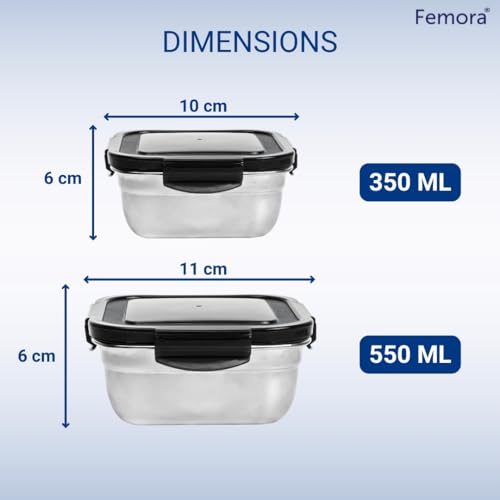 Femora High Steel Square Container Airtight Leakproof Unbreakable Storage Container/ Lunch Box | 350 Ml, 550 Ml | Set of 2