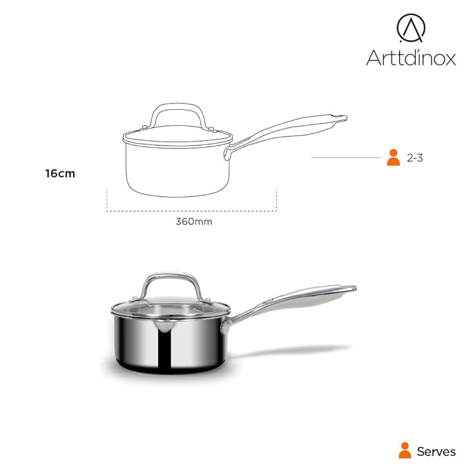 Arttdinox Stellar Stainless Steel Triply Sauce Pan With Straining Glass Lid | Milk Pan | 16cm | 1.5ltr | Jindal Stainless | Silver