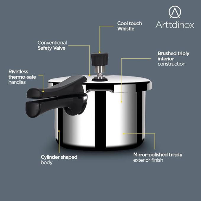 Arttdinox Stellar Stainless Steel Triply 3 Ltr Mirror Finish Pressure Cooker With Gasket | Rivetless Handle | Jindal Stainless