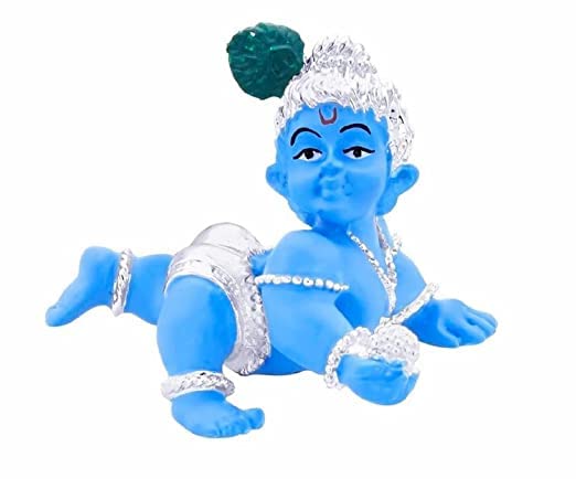 Gold Art India Silver Plated Laddu Gopal Idol with Blue Terracotta Lord Krishna Bal Gopal Office Desk Small