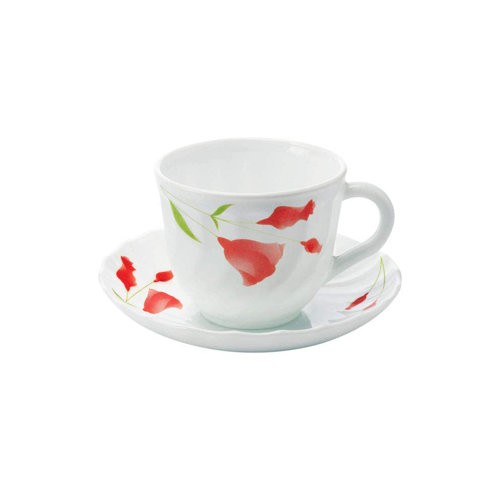 Larah by Borosil Glass Diana Cup and Saucer Set | Set of 6 |12-piece | 220ml | White