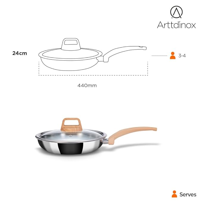 Arttdinox Timber Frying Pan Stainless Steel | Wood Finished Handle | Pan With Lid | Gas & Induction Base | 24cm | 1.8ltr | Silver