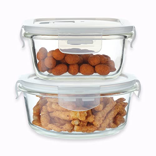 Femora Borosilicate Glass Storage Containers for Kitchen With Air-tight Lids | Set of 2 | 300 Ml Square & 380 Ml Round | Clear